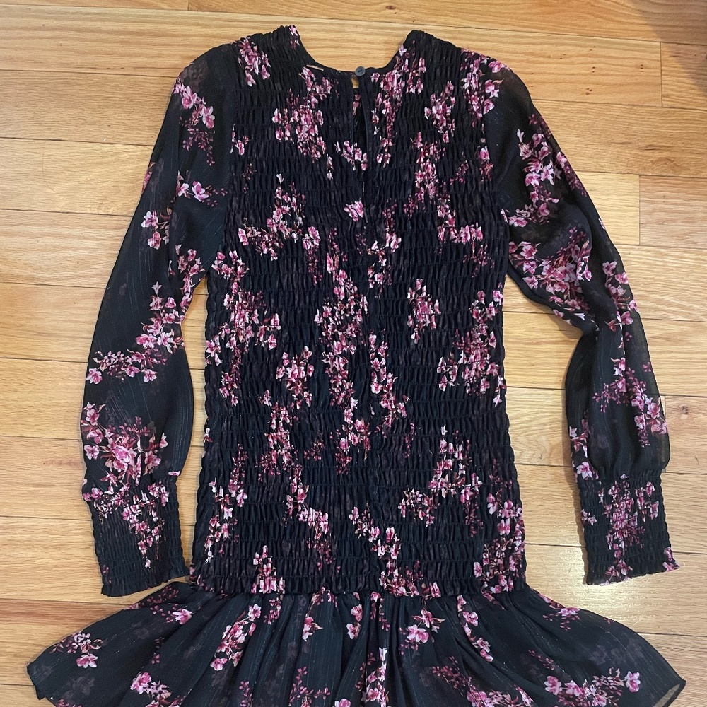 MISA Dress Floral Ruffle Metallic Black Pink